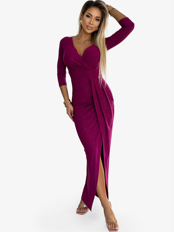 numoco Rochie lucioasă cu decolteu și fantă pe picior - fucsia cu sclipici Numoco