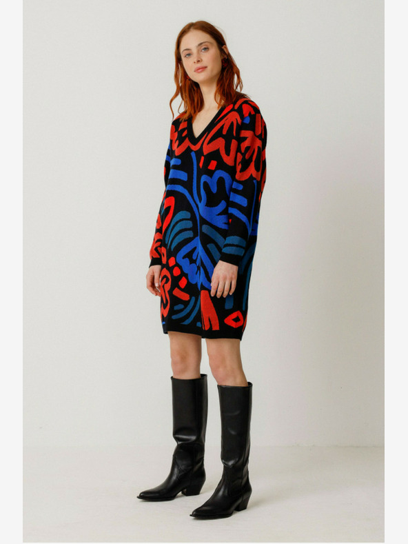 SKFK Rochie pulover pentru femei cu model albastru-portocaliu SKFK