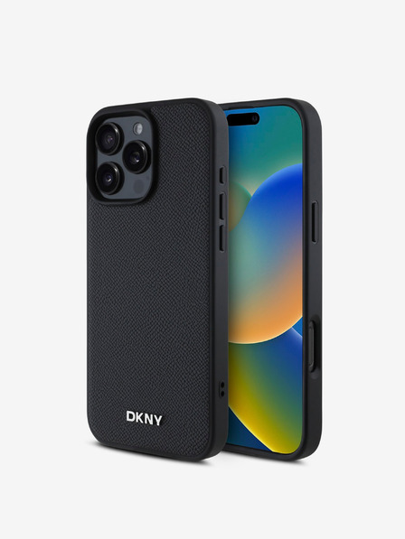 DKNY DKNY PU piele Silver Metal Logo Magsafe Back Cover pentru iPhone 16 Pro Max negru