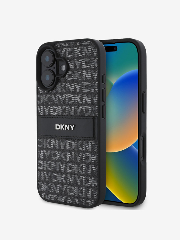 DKNY DKNY PU Leather Repeat Pattern Tonal Stripe Back Cover pentru iPhone 16 negru