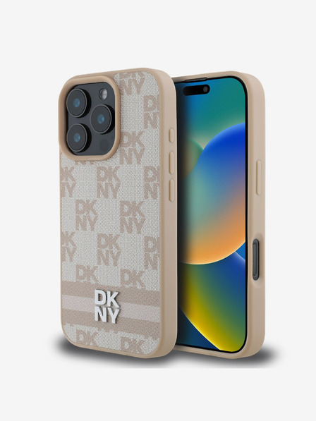 DKNY DKNY PU Leather Checkered Pattern și Stripe Back Cover pentru iPhone 16 Pro Pink