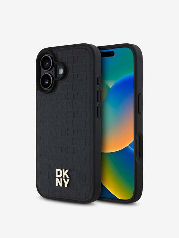 DKNY DKNY PU Leather Repeat Pattern Stack Logo MagSafe Back Cover pentru iPhone 16 negru