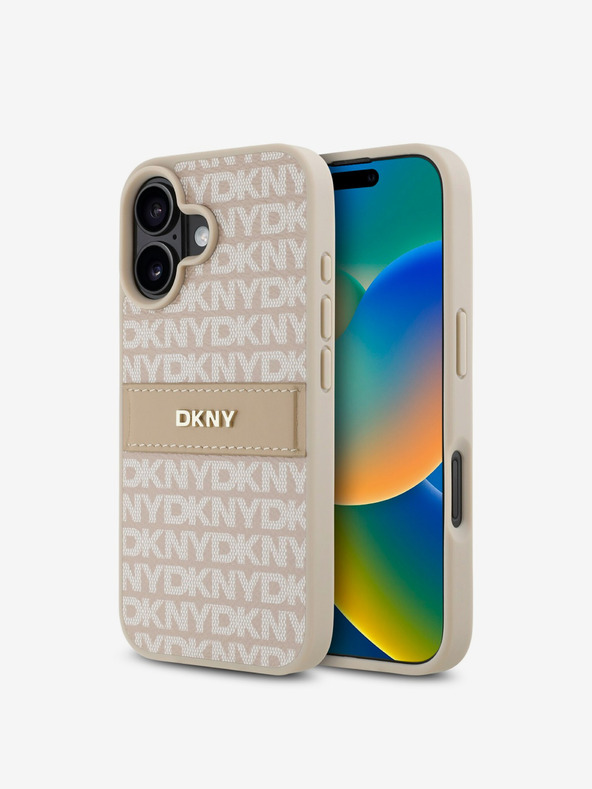 DKNY DKNY PU Leather Repeat Pattern Tonal Stripe Back Cover pentru iPhone 16 Plus roz