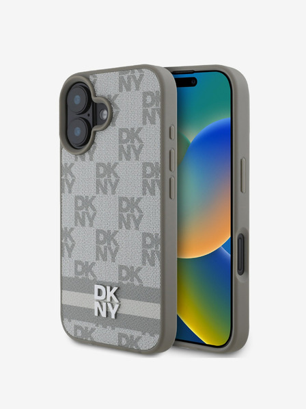 DKNY DKNY PU Leather Checkered Pattern și Stripe Back Cover pentru iPhone 16 Bej