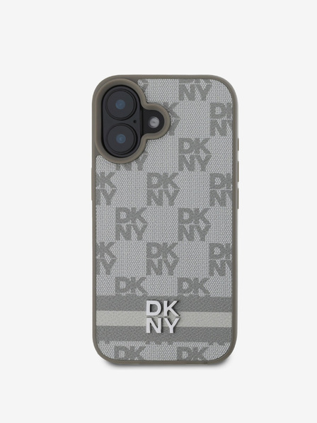 DKNY DKNY PU Leather Checkered Pattern și Stripe Back Cover pentru iPhone 16 Bej