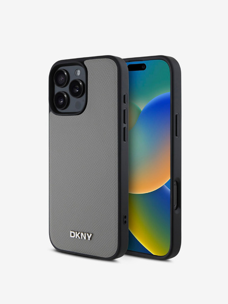 DKNY DKNY PU Leather Silver Metal Logo Magsafe Back Cover pentru iPhone 16 Pro Max Grey