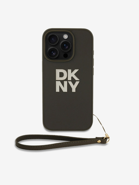 DKNY PU Leather Stack Logo Wrist Strap Zadní Kryt pro iPhone 16 Pro Max Green Carcasa de telefon