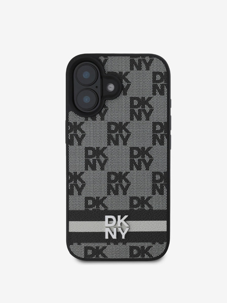 DKNY DKNY PU Leather Checkered Pattern și Stripe Back Cover pentru iPhone 16 negru