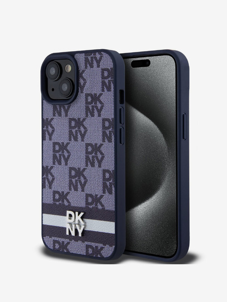 DKNY DKNY PU din piele cu model în carouri și dungi Back Cover pentru iPhone 15 albastru