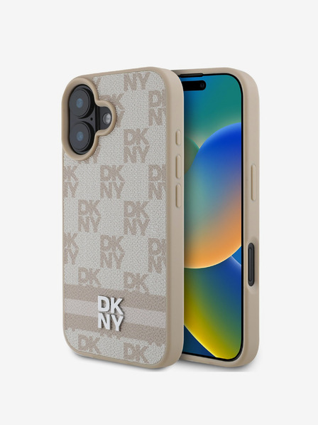 DKNY DKNY PU din piele model în carouri și Stripe Back Cover pentru iPhone 16 roz