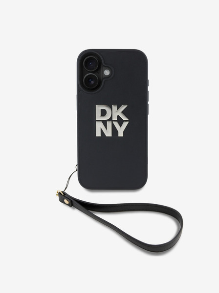 DKNY DKNY PU Leather Stack Logo Wrist Strap Back Cover pentru iPhone 16 negru