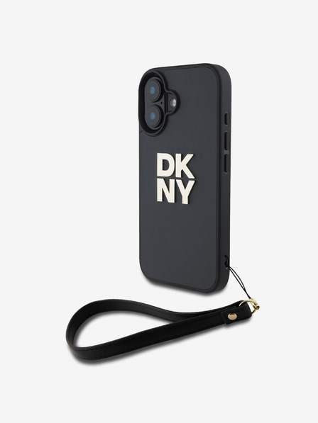 DKNY DKNY PU Leather Stack Logo Wrist Strap Back Cover pentru iPhone 16 negru