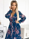 numoco Rochie lungă din șifon plisat cu gât rotund, mâneci lungi și curea - Albastru cu flori Numoco