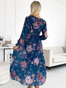 numoco Rochie lungă din șifon plisat cu gât rotund, mâneci lungi și curea - Albastru cu flori Numoco