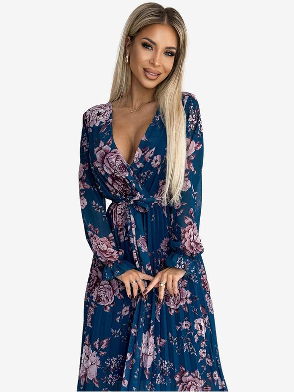 numoco Rochie lungă din șifon plisat cu gât rotund, mâneci lungi și curea - Albastru cu flori Numoco