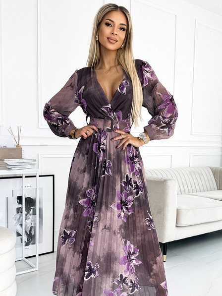 numoco Rochie lungă din șifon plisat cu decolteu, mâneci lungi și curea lată - violet flori mari Numoco