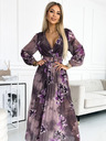 numoco Rochie lungă din șifon plisat cu decolteu, mâneci lungi și curea lată - violet flori mari Numoco