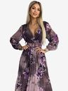 numoco Rochie lungă din șifon plisat cu decolteu, mâneci lungi și curea lată - violet flori mari Numoco