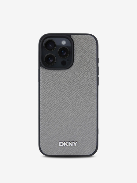 DKNY PU Leather Silver Metal Logo Magsafe iPhone 16 Pro Grey Carcasa de telefon