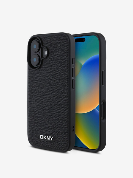 DKNY DKNY PU piele Silver Metal Logo Magsafe Back Cover pentru iPhone 16 Plus negru