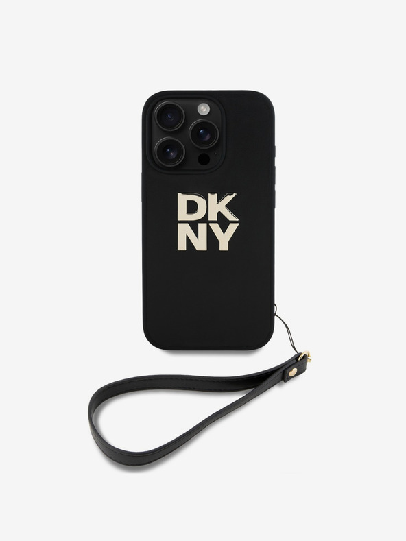 DKNY DKNY PU Leather Stack Logo Wrist Strap Back Cover pentru iPhone 16 Pro Black