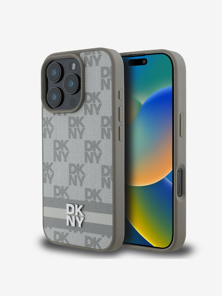 DKNY DKNY PU Leather Checkered Pattern și Stripe Back Cover pentru iPhone 16 Pro Bej
