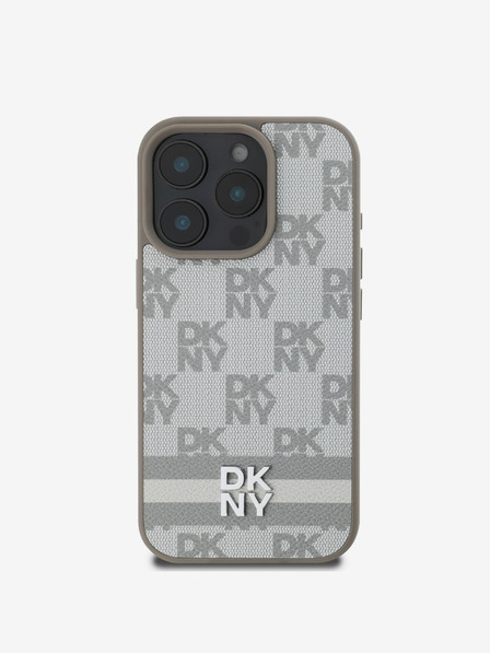 DKNY DKNY PU Leather Checkered Pattern și Stripe Back Cover pentru iPhone 16 Pro Bej