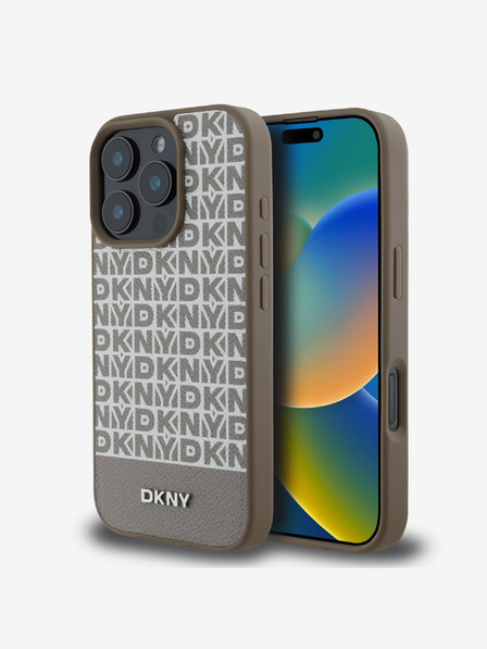 DKNY DKNY PU Leather Repeat Pattern Bottom Stripe MagSafe Back Cover pentru iPhone 16 Pro Brown