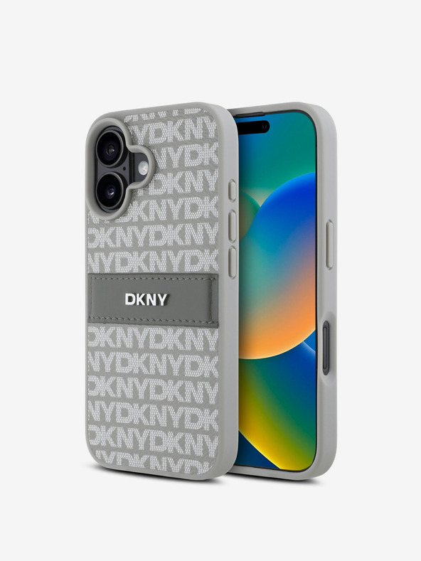 DKNY DKNY PU Leather Repeat Pattern Tonal Stripe Back Cover pentru iPhone 16 Bej