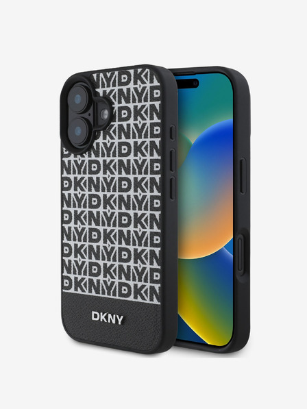 DKNY DKNY PU Leather Repeat Pattern Bottom Stripe MagSafe Back Cover pentru iPhone 16 Plus negru