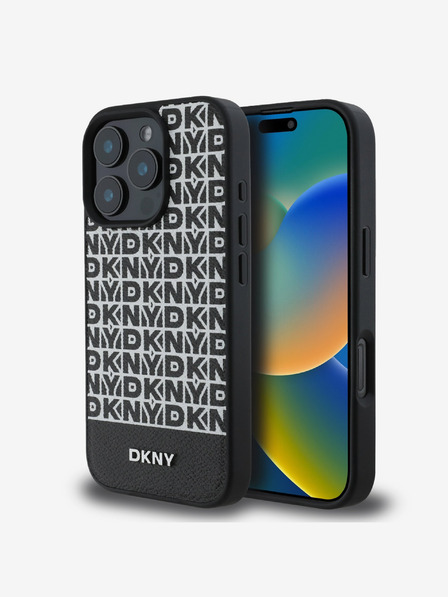 DKNY DKNY PU Leather Repeat Pattern Bottom Stripe MagSafe Back Cover pentru iPhone 16 Pro Max negru