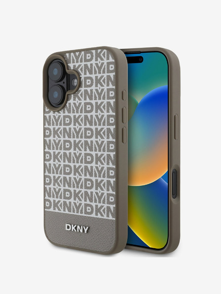 DKNY DKNY PU Leather Repeat Pattern Bottom Stripe MagSafe Back Cover pentru iPhone 16 Brown