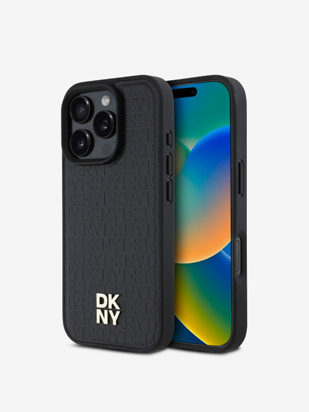 DKNY DKNY PU Leather Repeat Pattern Stack Logo MagSafe Back Cover pentru iPhone 16 Pro Max negru
