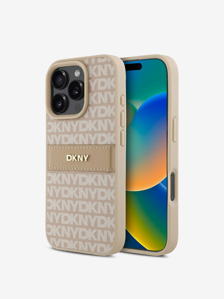 DKNY DKNY PU Leather Repeat Pattern Tonal Stripe Back Cover pentru iPhone 16 Pro Pink