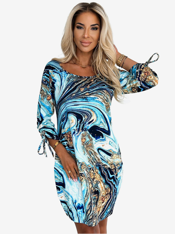 numoco Rochie confortabilă oversize cu buzunare - lână albastră și aurie Numoco SOPHIE