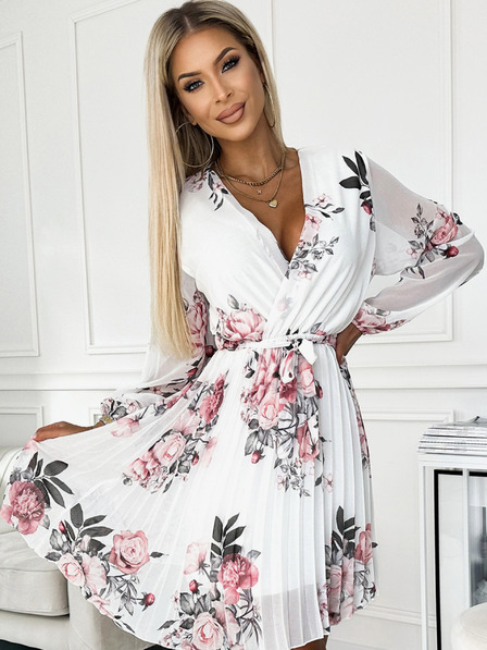 numoco Rochie plisată cu decolteu, mâneci lungi și curea - alb cu trandafiri Numoco YSABELv