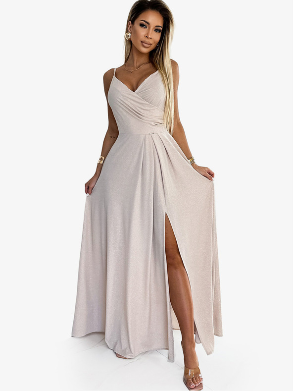 numoco Rochie maxi elegantă fără bretele - bej cu sclipici Numoco CHIARA