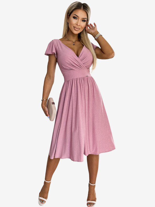 numoco Rochie cu decolteu și mâneci scurte - roz pudră cu sclipici Numoco MATILDE