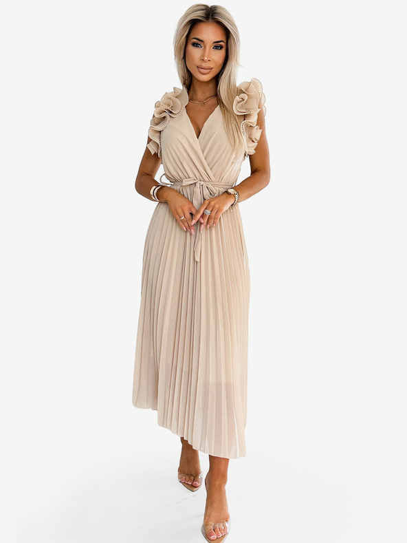 numoco Rochie midi plisată din șifon cu decolteu în inimă și volane delicate - bej Numoco MIRABELLA