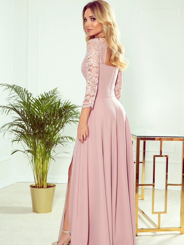 numoco Rochie lungă elegantă din dantelă cu decolteu - roz murdar Numoco AMBER