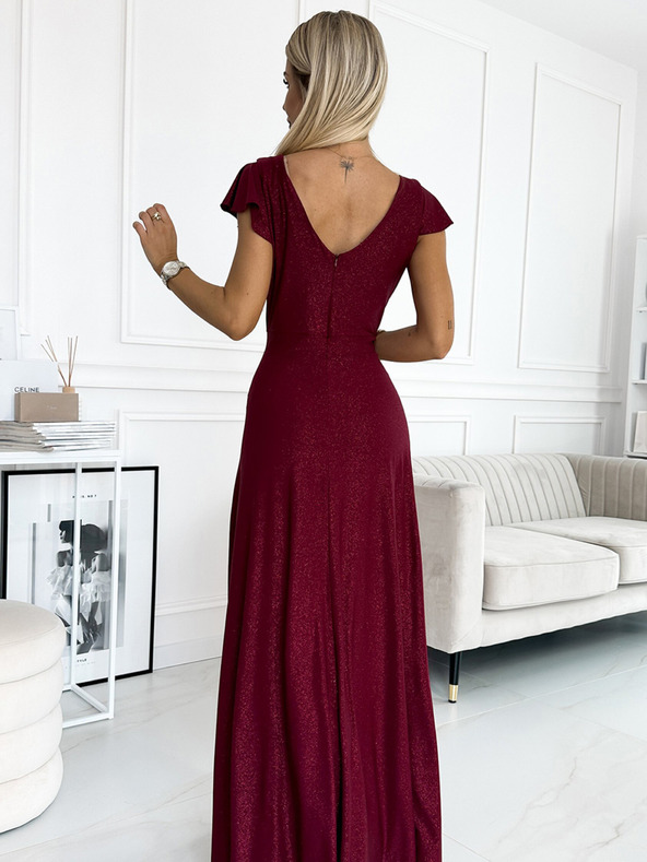 numoco Rochie lungă sclipitoare cu decolteu - burgundia Numoco CRYSTAL