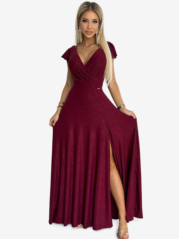numoco Rochie lungă sclipitoare cu decolteu - burgundia Numoco CRYSTAL
