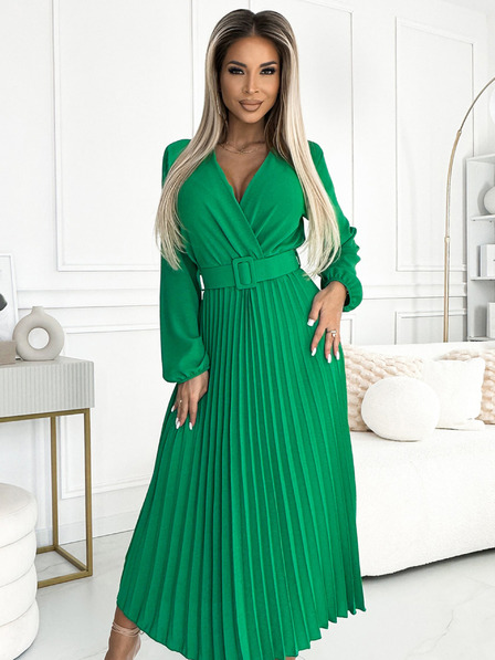numoco Rochie midi plisată cu decolteu în formă de inimă, mâneci lungi și curea lată - verde deschis Numoco VIVIANA
