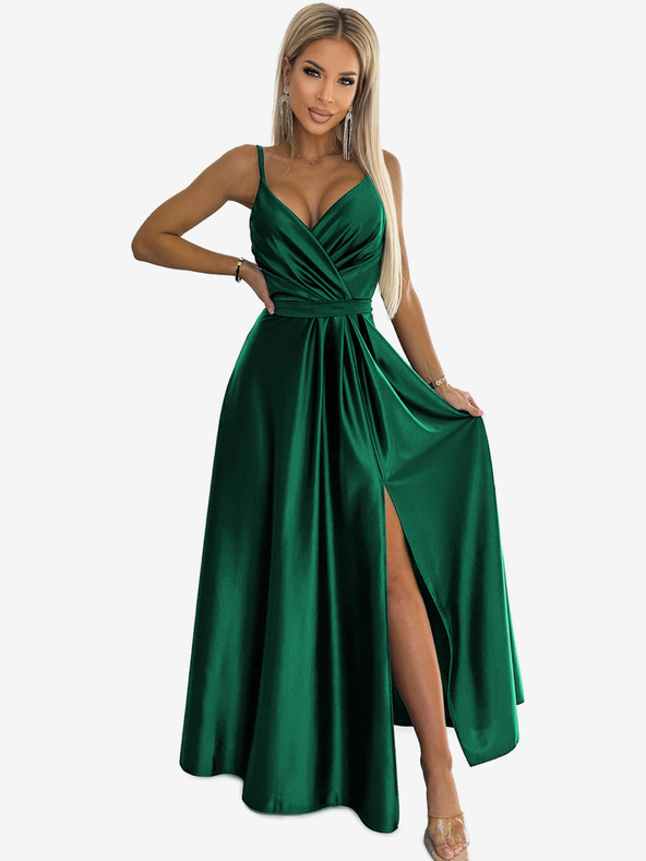 numoco Rochie lungă elegantă din satin cu decolteu - verde Numoco JULIET