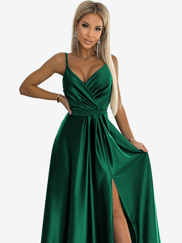 numoco Rochie lungă elegantă din satin cu decolteu - verde Numoco JULIET