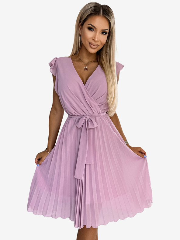 numoco Rochie plisată cu decolteu și volane - roz murdar Numoco POLINA