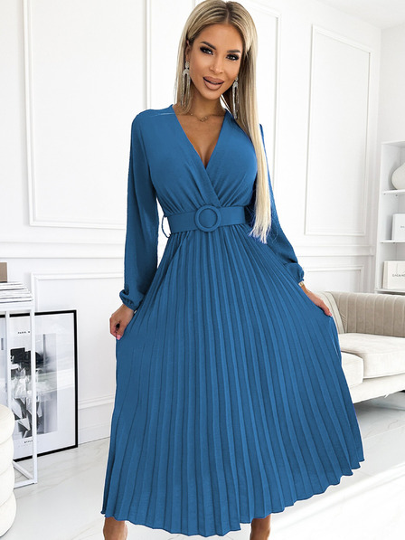 numoco Rochie midi plisată cu decolteu în formă de inimă, mâneci lungi și curea lată Numoco VIVIANA