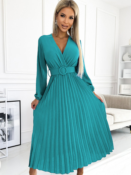 numoco Rochie midi plisată cu decolteu, mâneci lungi și curea lată - culoarea mării Numoco VIVIANA
