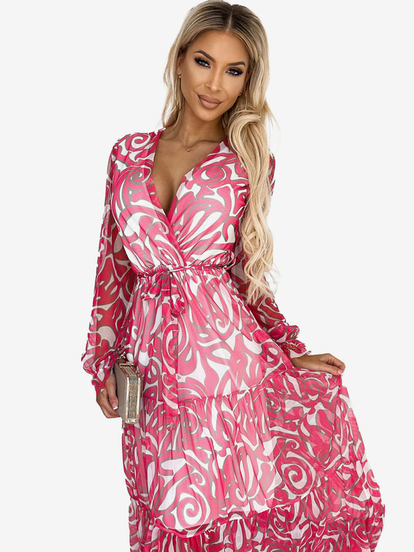 numoco Rochie cu decolteu și mâneci lungi - lână roz - plasă Numoco ENRICA