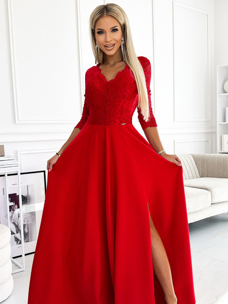 numoco Rochie lungă din dantelă, elegantă, cu decolteu în formă de inimă și crăpătură pe picior - roșu Numoco AMBER